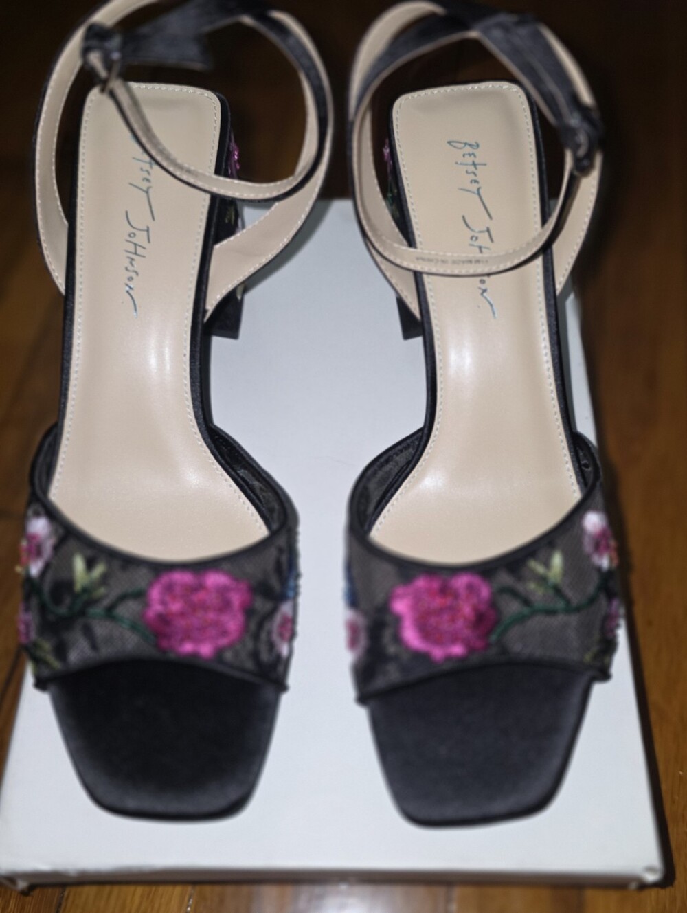 Betsey Johnson Black Floral Embroidered Mesh Block Heel Sandals - Picture 3 of 6